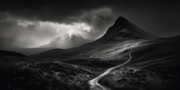 Increíble fotografía en blanco y negro de hermosas montañas y colinas con cielos oscuros