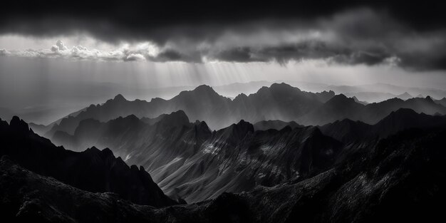 Increíble fotografía en blanco y negro de hermosas montañas y colinas con cielos oscuros