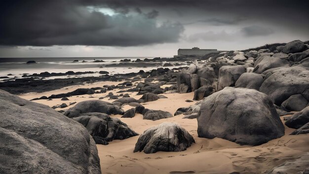 Foto increíble fotografía en escala de gris de una playa rocosa en guernsey cerca de fort houmet