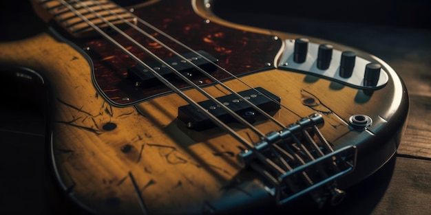 Increíble fotografía de un instrumento de bajo en un cuarto oscuro Generado por IA