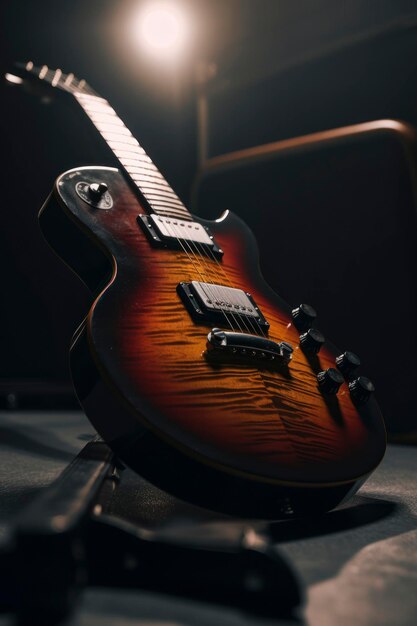 Increíble fotografía de un instrumento de guitarra eléctrica en un cuarto oscuro Generado por IA