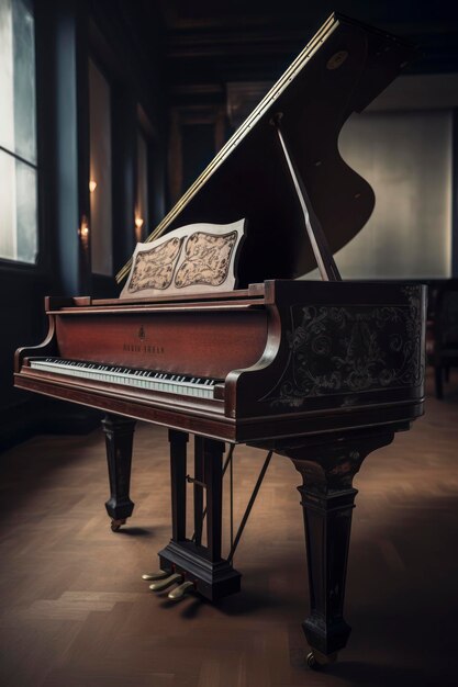 Increíble fotografía de un instrumento de piano de cola en un cuarto oscuro Generado por IA