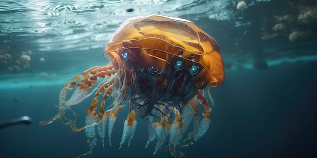 Increíble fotografía de una medusa cyborg en los implantes de robots futuristas del mar océano