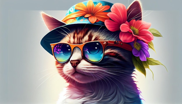 Increíble gato lindo con un colorido sombrero de verano con flores y gafas de sol Imagen generada por Ai