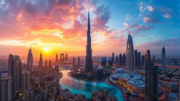 El increíble horizonte de la ciudad de Dubai con rascacielos de lujo al atardecer Emiratos Árabes Unidos