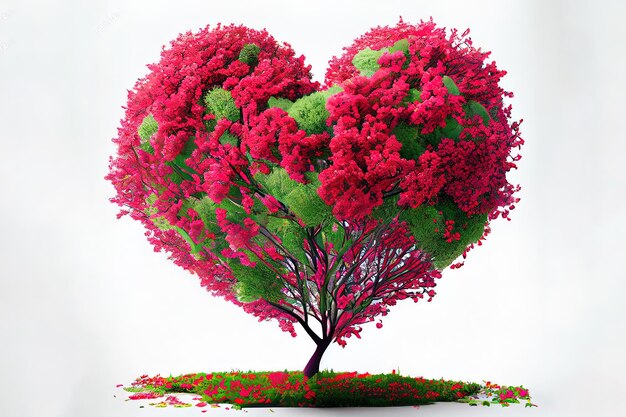 Increíble ilustración de arte digital del árbol de flor roja en forma de corazón