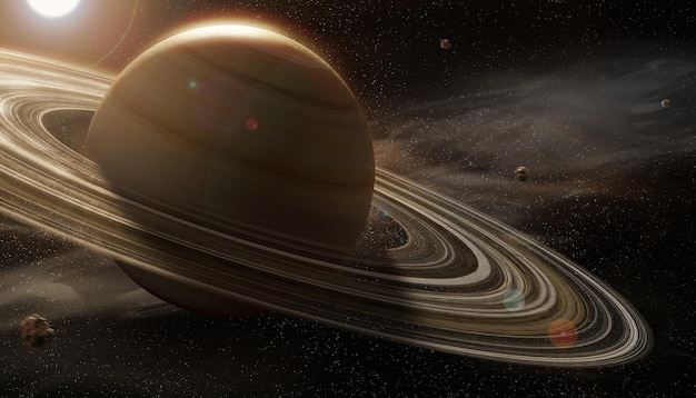 Increíble imagen de Saturno con los anillos iluminados por el sol. Imagen detallada del universo.