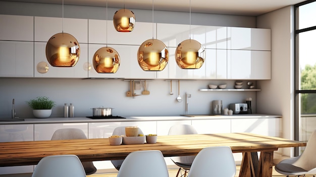 Un increíble interior de cocina de lujo en blanco cuenta con un piso de madera y una isla de cocina