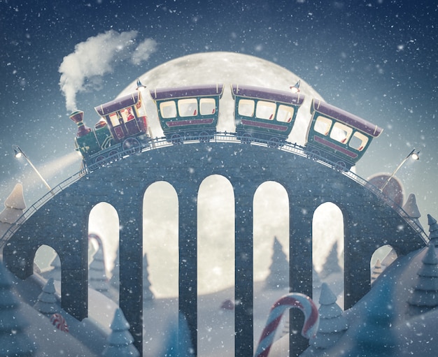 Increíble y lindo tren navideño de Papá Noel pasa por un puente en el polo norte. Ilustración 3d de Navidad inusual