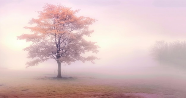 Increíble luz de niebla en el místico bosque de otoño hermoso bosque de niebla de color pastel y fondo de árbol