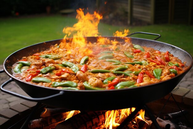 Foto increíble paella cocinando en el fuego