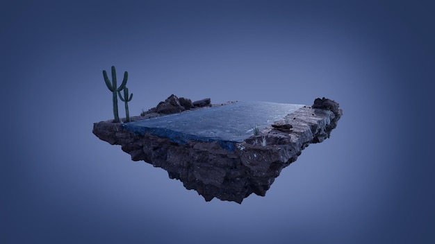 Increíble paisaje de fantasía con islas flotantes de carretera asfaltada en el concepto del desierto nocturno