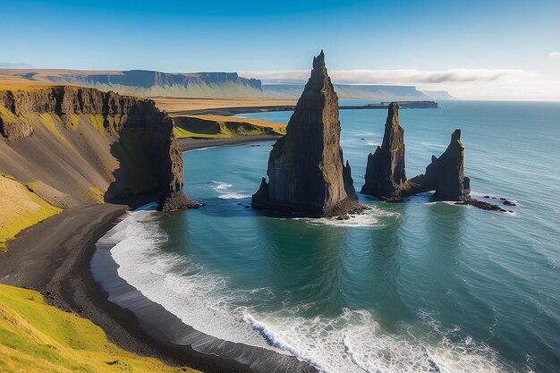 Foto increíble paisaje marítimo soleado de islandia monolito de roca de basalto de londrangar