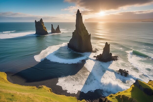 Foto increíble paisaje marítimo soleado de islandia monolito de roca de basalto de londrangar