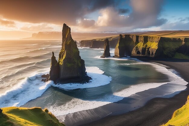 Foto increíble paisaje marítimo soleado de islandia monolito de roca de basalto de londrangar