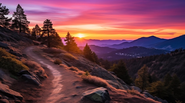 Increíble paisaje montañoso con coloridas y vívidas puestas de sol Puestas de sol en las montañas de verano