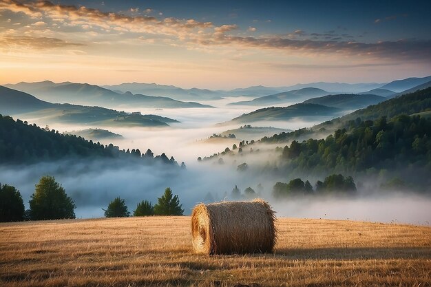 Increíble paisaje montañoso con niebla y un pajar