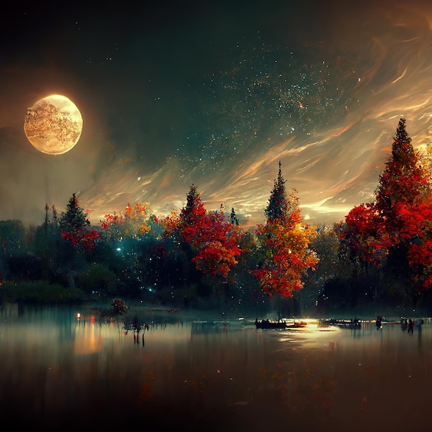 Increíble paisaje de otoño en la noche a la luz de la luna idílico paisaje de naturaleza pacífica ilustración 3D