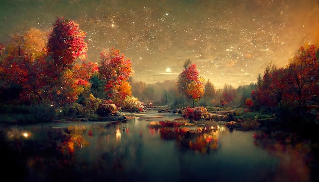 Increíble paisaje de otoño en la noche a la luz de la luna idílico paisaje de naturaleza pacífica ilustración 3D