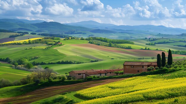 Foto increíble paisaje de la toscana con colinas verdes y cielo azul con nubes en el fondo pequeños pueblos con casas de piedra se encuentran en las colinas