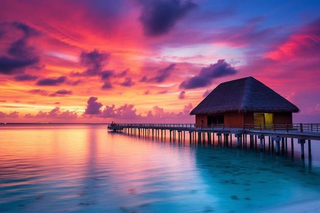 Increíble panorama de la puesta de sol en el paisaje marino de villas de lujo de Maldivas