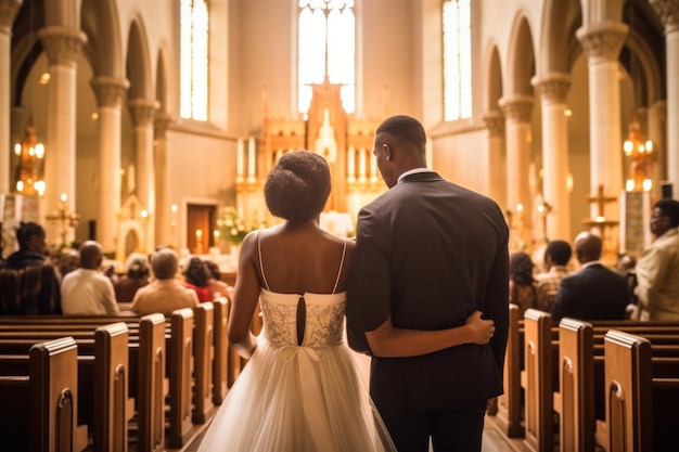 Increíble pareja afroamericana en la ceremonia de la iglesia en la boda AI generativa