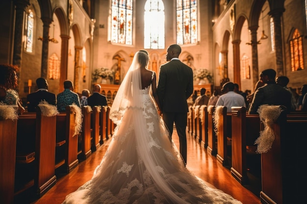 Increíble pareja afroamericana en la ceremonia de la iglesia en la boda AI generativa