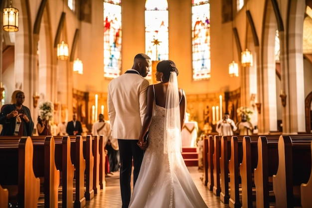Increíble pareja afroamericana en la ceremonia de la iglesia en la boda AI generativa
