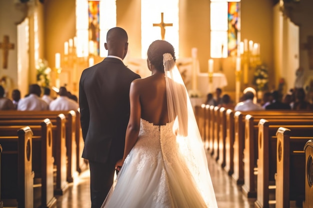 Increíble pareja afroamericana en la ceremonia de la iglesia en la boda AI generativa