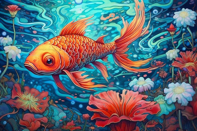 Increíble pez Koi con piel psicodélica en un estanque de fantasía