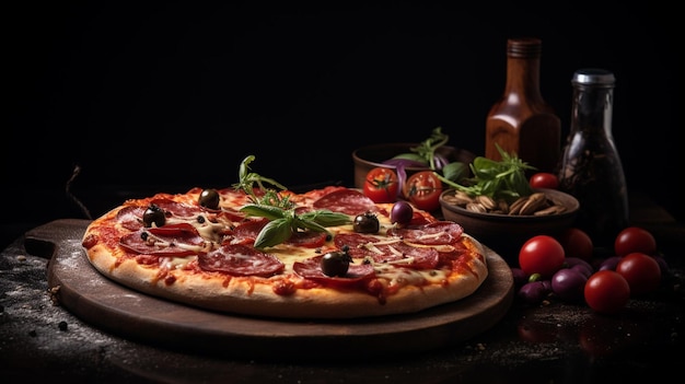 Increíble pizza tradicional italiana en la mesa oscura