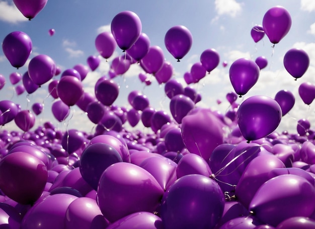 Increíble primer plano de globos morados y lilas para crear conciencia sobre el Día Mundial del Cáncer con belleza y significado