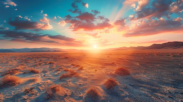 Increíble puesta de sol en medio del desierto Los colores cálidos del cielo contrastan con los colores fríos de la tierra