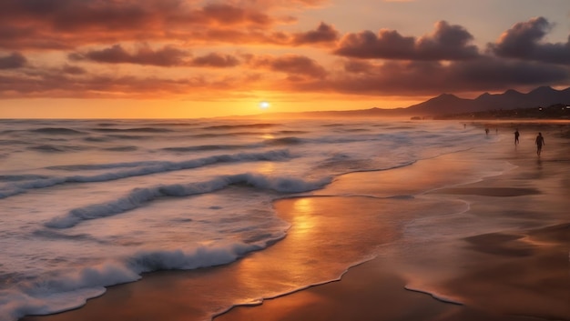 Increíble puesta de sol en la playa con un horizonte sin fin y figuras solitarias en la distancia