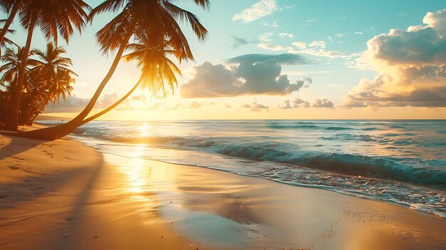 Increíble puesta de sol en la playa con palmeras Los colores cálidos del cielo y la arena crean una atmósfera relajante y pacífica