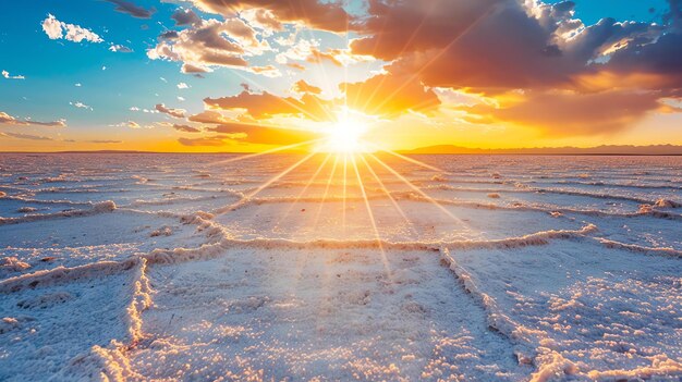 Una increíble puesta de sol sobre las llanuras saladas de Uyuni, Bolivia