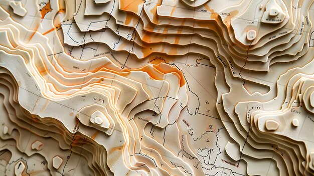 Foto increíble representación en 3d de un mapa de relieve geográfico con curvas lisas blancas y naranjas que se asemejan a un terreno montañoso