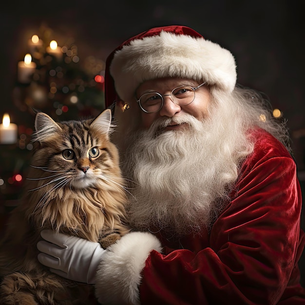 Increíble retrato de Papá Noel y un lindo gato peludo con luces navideñas Ilustración digital