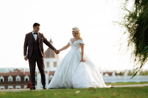 Increíble sonriente pareja de novios. Bonita novia y novio elegante.