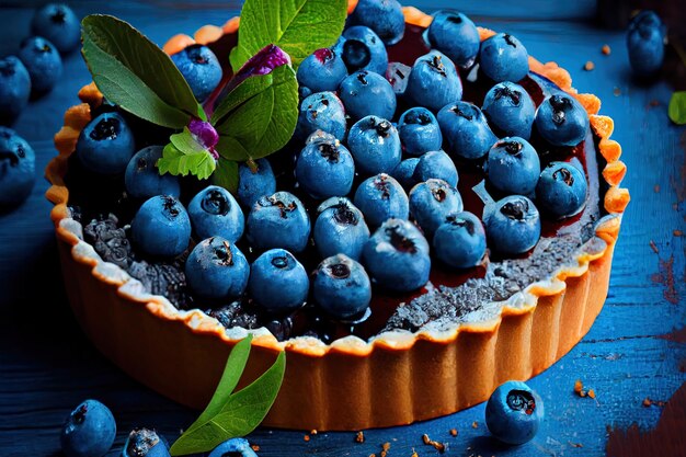 Increíble tarta de arándanos sobre fondo de madera azul