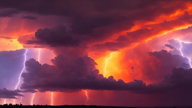 Increíble tormenta de relámpagos en luz naranja y nubes oscuras en el cielo bandera de fondo del tiempo