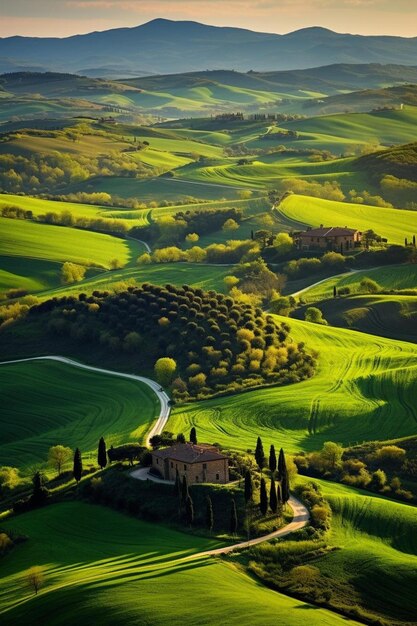 increíble vista aérea de las hermosas colinas de la Toscana en la temporada de primavera