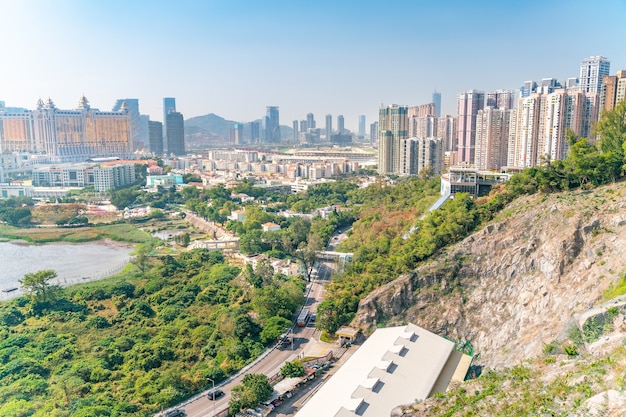 Increíble vista panorámica sobre el paisaje urbano del casino de Macao en el centro de la ciudad.