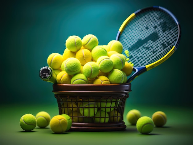 Foto increíble vista de la raqueta y las bolas de tenis en el campo