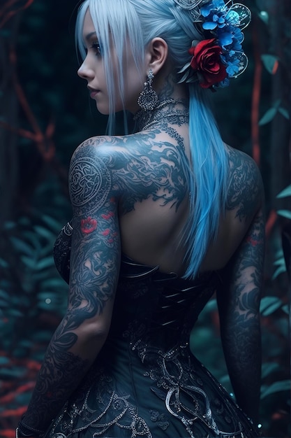 Increíblemente hiperdetallado e intrincado personaje realista milf blackred tatuaje en el hombro con cabello platino desordenado