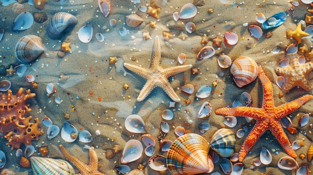 Increíbles conchas marinas de colores y estrellas de mar en la playa