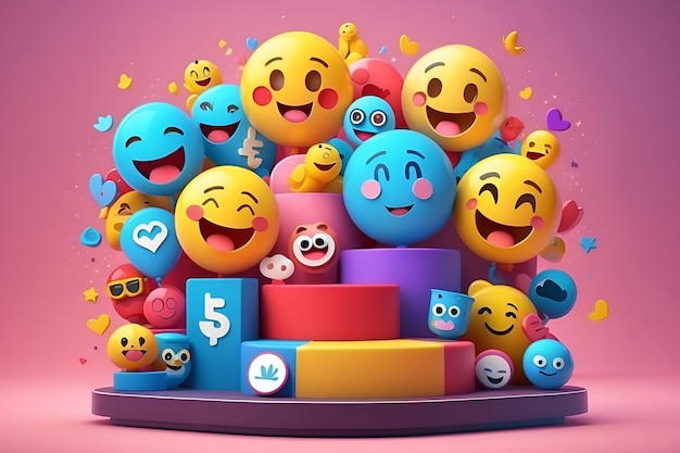 Increíbles emojis de redes sociales en 3D en el fondo del podio