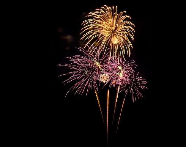 Increíbles fuegos artificiales hermosos sobre fondo negro para la celebración del aniversario, feliz víspera de Navidad y feliz año nuevo.