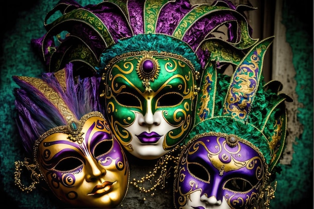 Increíbles y hermosas máscaras de carnaval doradas sobre fondo negro Tiempo de diversión IA generativa