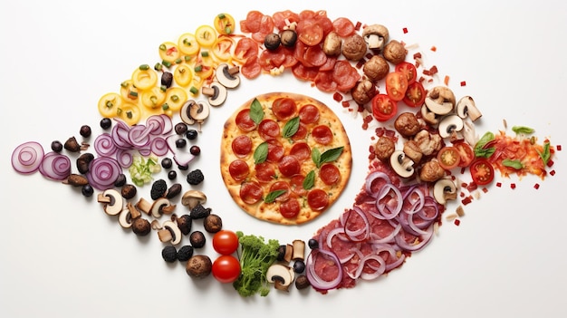 Increíbles ingredientes de pizza en un fondo blanco